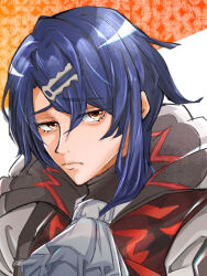 Rule 34 | 1boy, alcryst (fire emblem), ascot, blue hair, closed mouth, commentary request, coral 3535, fire emblem, fire emblem engage, hair between eyes, hair ornament, hairclip, high collar, looking at viewer, male focus, nintendo, red eyes, shirt, short hair, solo, white ascot