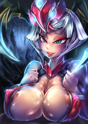 Rule 34 | 1boy, 1girl, :p, blood moon elise, blue eyes, breasts, cleavage, covered erect nipples, elise (league of legends), eyes visible through hair, hetero, huge breasts, league of legends, paizuri, penis, puffy nipples, redchicken, short hair, smile, teeth, tongue, tongue out, uncensored, white hair