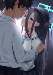 Rule 34 | 1boy, 1girl, aris (blue archive), black hair, black hairband, black pants, black skirt, blue archive, blue eyes, blue necktie, blush, collared shirt, eye contact, faceless, faceless male, goldowl, hair between eyes, hairband, halo, hetero, highres, imminent kiss, long hair, long hair between eyes, long sleeves, looking at another, necktie, one side up, pants, parted lips, pleated skirt, sensei (blue archive), shirt, skirt, very long hair, white shirt