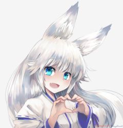 Rule 34 | 1girl, :d, animal ear fluff, animal ears, artist name, blue eyes, commentary, commission, english commentary, fang, fox ears, heart, heart hands, japanese clothes, long hair, looking at viewer, open mouth, original, silver hair, simple background, smile, solo, takuyarawr, upper body, white background, wide sleeves