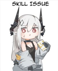 Rule 34 | 1girl, arknights, bare shoulders, black gloves, black shirt, blush, breasts, chibi, cleavage, coat, drink, fang, gloves, hand up, holding, holding drink, horns, jeffodraws, long hair, looking at viewer, mudrock (arknights), mudrock (elite ii) (arknights), parted lips, red eyes, shirt, solo, undershirt, upper body, very long hair, white background, white coat, white hair
