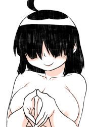 Rule 34 | 1girl, ahoge, blush, borrowed character, bowl cut, breasts, cleavage, fingers together, hair over eyes, huge ahoge, huge breasts, large breasts, monochrome, nipples, nude, original, sacchan (nyaromelon), sacchan (nyaromeron), short hair, simple background, smile, solo, spot color, tsukudani (coke-buta), white background