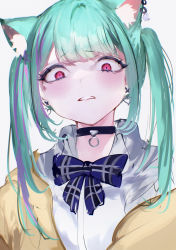 Rule 34 | 1girl, absurdres, animal ear fluff, animal ears, black choker, blue bow, blue bowtie, blush, bow, bowtie, cat ears, choker, collared shirt, disgust, ear piercing, earrings, extra ears, frown, green hair, heart, heart earrings, highres, hololive, jacket, jewelry, long hair, looking at viewer, mile (off8mile), open clothes, open jacket, parted lips, piercing, plaid, plaid bow, plaid bowtie, purple hair, red eyes, school uniform, shirt, simple background, solo, twintails, upper body, uruha rushia, uruha rushia (school uniform), virtual youtuber, white background, white shirt, yellow jacket
