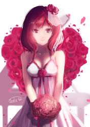 Rule 34 | 10s, 1girl, bouquet, breasts, dress, flower, hair flower, hair ornament, looking at viewer, love live!, love live! school idol project, medium breasts, nishikino maki, petals, purple eyes, red flower, red hair, red rose, rose, short hair, simple background, smile, solo, tenko22702