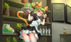 Rule 34 | 1girl, absurdres, animal ears, apron, asymmetrical bangs, black panties, blush, breadthree, bubble tea, cat ears, cat tail, embarrassed, fake animal ears, fake tail, flower, green hair, guardian tales, hair flower, hair ornament, highres, holding, looking back, maid, mayreel (guardian tales), official alternate costume, open mouth, panties, ponytail, puffy short sleeves, puffy sleeves, purple eyes, short hair, short sleeves, tail, underwear, wrist cuffs