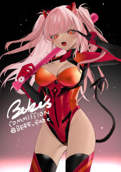 Rule 34 | 1girl, absurdres, bebe (bebe pp), black background, black thighhighs, breasts, cleavage, club, club (weapon), commission, copyright request, demon tail, fang, gradient background, grey background, groin, hair ornament, hands up, highres, large breasts, leotard, long hair, open mouth, original, over shoulder, pink hair, red eyes, red leotard, red thighhighs, skeb commission, solo, spiked club, tail, thighhighs, twintails, v, virtual youtuber, weapon