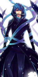 Rule 34 | 1boy, bird, blood, blue hair, coat, crow, dark persona, green eyes, highres, kaito (vocaloid), knife, long image, male focus, mouth hold, ribbon, short hair, solo, standing, tall image, trench coat, unodu, vocaloid