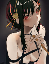 Rule 34 | 1girl, absurdres, black dress, black hair, breasts, cleavage, dagger, dress, gold hairband, hairband, highres, holding, holding dagger, holding knife, holding weapon, knife, large breasts, red eyes, solo, sonnanamae no hitoshiranai, spy x family, stiletto (weapon), weapon, yor briar