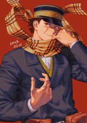 Rule 34 | 1boy, absurdres, adjusting scarf, blue coat, brown eyes, buttons, coat, dated, facial hair, facial scar, floating hair, golden kamuy, hand up, hat, highres, hnd rkj, imperial japanese army, kepi, long sleeves, looking at viewer, male focus, military hat, orange background, scar, scar on cheek, scar on face, scar on nose, scarf, short hair, sideburns stubble, smile, solo, spiked hair, stubble, sugimoto saichi, upper body, yellow scarf