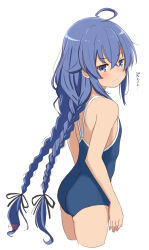 Rule 34 | 1girl, ahoge, ass, black ribbon, blue eyes, blue hair, blue one-piece swimsuit, blush, braid, closed mouth, commentary request, cropped legs, crossed bangs, from behind, hair ribbon, highres, long hair, looking at viewer, mushoku tensei, one-piece swimsuit, retsumaru, ribbon, roxy migurdia, simple background, solo, standing, swimsuit, tareme, translation request, twin braids, very long hair, white background