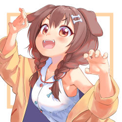 Rule 34 | 1girl, :3, animal ears, arms up, blush, bone hair ornament, braid, breasts, brown eyes, brown hair, buttons, cartoon bone, claw pose, collarbone, dog ears, dog girl, dress, fangs, garun wattanawessako, hair between eyes, hair ornament, hairclip, highres, hololive, inugami korone, inugami korone (1st costume), jacket, long hair, looking at viewer, low twin braids, off shoulder, open mouth, outside border, smile, solo, teeth, twin braids, upper teeth only, virtual youtuber, white background, white dress, yellow jacket