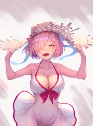 Rule 34 | 1girl, absurdres, bad id, bad pixiv id, bare shoulders, breasts, cleavage, collarbone, dress, fate/grand order, fate (series), hair over one eye, happy, hat, highres, large breasts, mash kyrielight, mash kyrielight (swimsuit of perpetual summer), official alternate costume, pink ribbon, ribbon, short hair, smile, solo, straw hat, sun hat, takup, teeth, upper body, upper teeth only, white dress