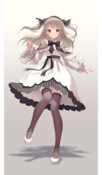 Rule 34 | 1girl, black bow, black hairband, black ribbon, blush, bow, brown background, brown capelet, brown hair, capelet, closed mouth, commentary request, dress, frilled sleeves, frills, hair ribbon, hairband, highres, long sleeves, looking at viewer, original, red eyes, ribbon, shoes, smile, solo, standing, standing on one leg, thighhighs, two side up, white dress, white footwear, wide sleeves, yoshino ryou
