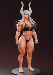 Rule 34 | 1girl, 3d, absurdres, bikini, boku no hero academia, breasts, caidoheraldo, cleavage, clenched hands, frown, highres, large breasts, long eyelashes, long hair, looking at viewer, mirko, muscular, muscular female, red eyes, solo, swimsuit, thick thighs, thighs, white hair