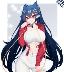 Rule 34 | 1girl, absurdres, blue hair, blush, breasts, finger to mouth, highres, horns, indie virtual youtuber, jacket, large breasts, long hair, moon hair ornament, open clothes, open jacket, pants, red eyes, rer goku, smile, solo, twintails, vienna (vtuber), virtual youtuber