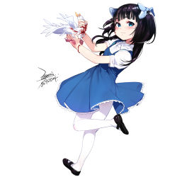 Rule 34 | 1girl, aya drevis, black hair, blood, blue eyes, blush, bow, child, closed mouth, dress, ejami, hair bow, long hair, looking at viewer, mad father, pantyhose, simple background, smile, solo, white background, white pantyhose