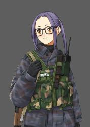 Rule 34 | 1girl, assault rifle, black-framed eyewear, black gloves, black sweater, blue jacket, brown eyes, camouflage, camouflage jacket, combat knife, commentary, english commentary, glasses, gloves, grey background, gun, gun sling, hair ornament, highres, jacket, kalashnikov rifle, knife, knife sheath, long hair, looking to the side, mardjan, mixed-language commentary, oogaki chiaki, police, purple hair, rifle, serbia, serbo-croatian commentary, serbo-croatian text, sheath, sheathed, short bangs, sidelocks, simple background, solo, sweater, twintails, uniform, upper body, vest, walkie-talkie, weapon, weapon behind back, wing collar, yurucamp, zastava m70
