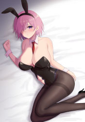 Rule 34 | 1girl, animal ears, bare shoulders, bed sheet, between breasts, black footwear, black leotard, black pantyhose, blush, breasts, closed mouth, clothing cutout, commentary, commission, detached collar, fate/grand order, fate (series), feet out of frame, hair over one eye, handa guryu, high heels, large breasts, leotard, looking at viewer, lying, mash kyrielight, navel, navel cutout, necktie, necktie between breasts, on side, pantyhose, pink hair, playboy bunny, purple eyes, rabbit ears, red necktie, short hair, skeb commission, solo, wrist cuffs