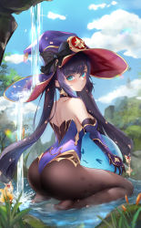 Rule 34 | 1girl, :t, aqua eyes, ass, black gloves, black hair, black pantyhose, breasts, cloud, commentary, earrings, facing away, flower, genshin impact, gloves, hair ornament, hat, highres, holding, in water, jewelry, kneeling, leotard, liu liaoliao, long hair, looking at viewer, looking back, medium breasts, mona (genshin impact), no shoes, outdoors, pantyhose, pout, sky, slime (genshin impact), smile, solo, symbol-only commentary, twintails, water, waterfall, wet, wet clothes, witch hat