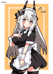 Rule 34 | 1girl, absurdres, alternate costume, animal ears, apron, arknights, black dress, black thighhighs, blush, border, breasts, bright pupils, commentary request, cowboy shot, demon horns, dress, enmaided, flying sweatdrops, frilled apron, frills, frown, grey hair, hair ornament, hand on own chest, hendra, highres, horns, inset border, large breasts, long hair, looking at viewer, maid, maid headdress, mudrock (arknights), pink eyes, pointy ears, puffy short sleeves, puffy sleeves, short sleeves, signature, simple background, solo, thighhighs, waist apron, white apron, white pupils, white wrist cuffs, wrist cuffs, yellow background