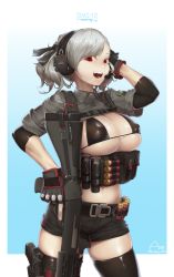 Rule 34 | 12-gauge, 12-gauge (2 3/4 inch shell), 1girl, :d, alternate costume, ammunition, aronman, bikini, bikini top only, black bikini, black gloves, black ribbon, black shorts, black thighhighs, breast rest, breasts, character name, chest strap, collared shirt, combat shotgun, covered erect nipples, dress shirt, dual-mode shotgun, explosive, fingerless gloves, girls&#039; frontline, gloves, grenade, grey shirt, gun, hair ribbon, hand grenade, headset, highres, holding, holding gun, holding weapon, large breasts, long hair, long sleeves, looking at viewer, micro bikini, navel, open mouth, pouch, pump-action shotgun, pump action, red eyes, ribbon, semi-automatic firearm, semi-automatic shotgun, shirt, shorts, shotgun, shotgun shell, shrug (clothing), signature, silver hair, skindentation, sleeves rolled up, smile, solo, spas-12, spas-12 (girls&#039; frontline), swept bangs, swimsuit, thighhighs, thighs, trigger discipline, twintails, underboob, weapon