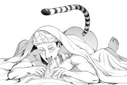 Rule 34 | 2boys, animal ears, ass, bar censor, bara, bed, blush, ccccc (jpn m0), censored, completely nude, erection, facial mark, greyscale, highres, imminent fellatio, itadori yuuji, jujutsu kaisen, lying, male focus, male pubic hair, monochrome, multiple boys, muscular, muscular male, nude, on bed, on stomach, penis, pubic hair, short hair, solo focus, tail, tiger boy, tiger ears, tiger tail, tongue, tongue out, undercut, yaoi