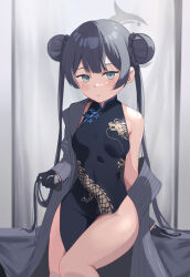 Rule 34 | 1girl, absurdres, black coat, black dress, black gloves, black hair, blue archive, blunt bangs, china dress, chinese clothes, coat, commentary request, double bun, dress, elise (wdsm2344), gloves, grey eyes, hair between eyes, hair bun, halo, highres, kisaki (blue archive), knees together feet apart, long hair, long sleeves, looking at viewer, pout, side slit, sidelocks, sitting, sleeveless, solo, twintails