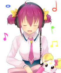 Rule 34 | 10s, 1girl, bad id, bad pixiv id, bow, candy (smile precure!), closed eyes, creature, hair bow, headphones, hoshizora miyuki, magister, musical note, necktie, pink bow, pink necktie, precure, school uniform, short twintails, smile precure!, twintails, white background