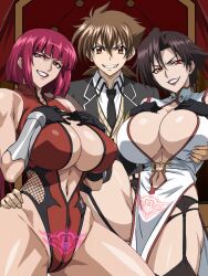 1boy 2girls breasts cleavage crossover grin high_school_dxd highres huge_breasts hyoudou_issei koutetsu_no_majo_anneroze lee_mayfeng looking_at_viewer multiple_girls navel oboro_(taimanin_asagi) pubic_tattoo purple_hair smile taimanin_(series) taimanin_asagi tattoo yxyyxy