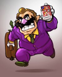 Rule 34 | 1boy, amiibo, brand name imitation, brown hair, character doll, dollar sign, facial hair, formal, gloves, gradient background, grin, highres, male focus, mario (series), mona (warioware), money, money-shaped pupils, mustache, nintendo, pointy ears, running, smile, solo, suit, symbol-shaped pupils, voodoothur, wario, warioware, white gloves