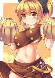 Rule 34 | 1girl, adapted costume, blonde hair, blush, bouncing breasts, bow, breasts, cheerleader, crop top, female focus, fun bo, hair bow, kurodani yamame, large breasts, looking at viewer, midriff, navel, pom pom (cheerleading), ponytail, revision, skirt, sleeveless, smile, solo, touhou, underboob, yellow eyes