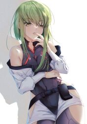 Rule 34 | 1girl, absurdres, arm under breasts, bare shoulders, black leotard, breasts, budgiepon, c.c., code geass, collared leotard, commentary request, cosplay, cowboy shot, cropped jacket, cyberpunk (series), cyberpunk edgerunners, finger to mouth, green hair, halter leotard, halterneck, heattech leotard, highleg, highleg leotard, highres, hip vent, jacket, leotard, long hair, long sleeves, looking at viewer, lucy (cyberpunk), lucy (cyberpunk) (cosplay), medium breasts, off-shoulder jacket, off shoulder, parted lips, shadow, sleeveless turtleneck leotard, solo, standing, turtleneck, yellow eyes