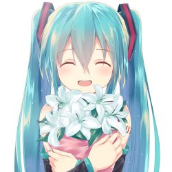 Rule 34 | 1girl, aqua hair, bouquet, detached sleeves, closed eyes, flower, hatsune miku, long hair, open mouth, smile, solo, tsuzaki tsunomi, twintails, vocaloid, white background