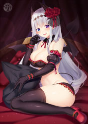 Rule 34 | 1girl, :d, bed, black bra, black gloves, black thighhighs, black wings, bra, breasts, cleavage, commentary request, demon girl, demon horns, demon tail, demon wings, detached collar, elbow gloves, flower, from side, gloves, hair between eyes, hair flower, hair ornament, hand to own mouth, heterochromia, horns, large breasts, long hair, looking at viewer, matatabi maru, open mouth, original, pillow, pillow grab, pink footwear, silver hair, sitting, smile, solo, tail, thighhighs, thighs, underwear, very long hair, wariza, wings