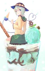 Rule 34 | 1girl, :t, aqua hair, black hat, blouse, blue eyes, blush, bow, chocolate, closed mouth, cream, cream on face, eyeball, eyebrows, floral print, food, food on face, frilled skirt, frilled sleeves, frills, from side, gradient background, green skirt, hand up, hat, hat bow, heart, heart of string, highres, hyakunin momoko, ice cream, ice cream cone, in food, komeiji koishi, long sleeves, looking at viewer, looking to the side, oversized object, parfait, shirt, short hair, silver hair, sitting, skirt, smile, solo, third eye, touhou, wafer stick, yellow bow, yellow shirt