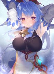 Rule 34 | 1girl, arms up, bell, blue hair, blush, breasts, chinese knot, detached sleeves, flower knot, ganyu (genshin impact), genshin impact, gold trim, horns, koori, large breasts, long hair, looking at viewer, neck bell, purple eyes, sidelocks, smile, solo, upper body, vision (genshin impact), white sleeves
