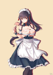 Rule 34 | 1girl, apron, bare shoulders, black hair, blush, breasts, cleavage, cream, frills, highres, j.xh, large breasts, long hair, looking at viewer, original, ponytail, red eyes, sexually suggestive, solo, suggestive fluid