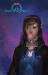 Rule 34 | 1girl, absurdres, adapted costume, animal print, artist name, blue bodysuit, bodysuit, breasts, brown eyes, brown hair, blowing bubbles, chewing gum, copyright name, d.va (overwatch), facepaint, facial mark, facing viewer, headphones, high collar, highres, hood, hooded jacket, impossible bodysuit, impossible clothes, jacket, logo, long hair, looking to the side, medium breasts, midfinger, overwatch, overwatch 1, pilot suit, pink lips, purple background, rabbit print, realistic, ribbed bodysuit, signature, skin tight, solo, swept bangs, upper body, whisker markings, wide-eyed