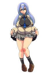 Rule 34 | 1girl, between breasts, black shirt, black socks, blue hair, blue necktie, blush, breasts, breasts apart, brown eyes, brown footwear, cardigan, clothes lift, collared shirt, facing viewer, full body, hairband, head tilt, height, highres, huge breasts, impossible clothes, impossible shirt, japanese text, kobayashi tetsuya, large breasts, lifting own clothes, loafers, long hair, looking at viewer, miniskirt, muchigaku, necktie, necktie between breasts, ookido ran, original, pigeon-toed, plaid, plaid skirt, pleated skirt, plump, pregnant, school uniform, shirt, shirt lift, shoes, simple background, skirt, skirt lift, smile, socks, solo, standing, straining buttons, white background, white hairband