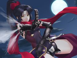 Rule 34 | 1girl, black hair, breasts, covered navel, dutch angle, fate/grand order, fate (series), full body, gauntlets, hair ornament, high ponytail, highres, hikichi sakuya, katou danzou (fate), leotard, long hair, medium breasts, night, outdoors, red scarf, scarf, solo, very long hair, yellow eyes