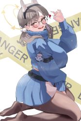 Rule 34 | animal ears, belt pouch, blue archive, blue skirt, blue sweater, breasts, candy, chikoku, fake animal ears, food, glasses, grey-framed eyewear, hair ornament, halo, highres, holding, holding candy, holding food, holding lollipop, large breasts, light brown hair, lollipop, moe (blue archive), pantyhose, pom pom (clothes), pom pom hair ornament, pouch, rabbit ears, round eyewear, skirt, sweater, turtleneck, turtleneck sweater, twintails, two-tone skirt, white skirt, yellow eyes