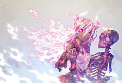 Rule 34 | 1girl, blurry, dark skin, depth of field, fire, flaming hair, holding hands, horns, interlocked fingers, long hair, looking at viewer, monster girl, oni, original, pink eyes, skeleton, smile, white hair, traditional youkai, zounose