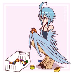 Rule 34 | 1girl, ahoge, bird legs, block (object), blue hair, blue wings, claws, commentary, cup, digitigrade, english commentary, feathered wings, feathers, harpy, holding, holding cup, monster girl, monster musume no iru nichijou, papi (monster musume), pink background, short hair, silent-shanin, solo, squatting, talons, tank top, toy, two-tone background, white background, winged arms, wings, yellow eyes