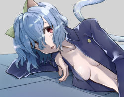 Rule 34 | 1girl, animal ears, blue shirt, breasts, cat ears, cat tail, claws, cleavage, doll joints, fangs, female focus, hunter x hunter, joints, long sleeves, neferpitou, open clothes, open shirt, red eyes, shirt, short hair, slit pupils, tail, white hair, yagisawa teru