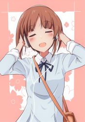 Rule 34 | 10s, 1girl, bag, blue ribbon, carrying, casual, cbgb, closed eyes, collared shirt, floral background, girls und panzer, handbag, hands on own head, headphones, highres, neck ribbon, nishizumi miho, open mouth, pink background, ribbon, shirt, short hair, smile, solo, standing, upper body, white shirt