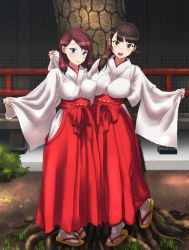 Rule 34 | 2girls, black hair, blue eyes, blush, breasts, brown hair, commentary request, gohei, green eyes, hair over shoulder, hakama, hakama skirt, highres, impossible clothes, japanese clothes, kezune (i- -i), kimono, large breasts, long hair, long sleeves, looking at viewer, miko, multiple girls, open mouth, original, outdoors, red hakama, ribbon trim, skirt, standing, tabi, white legwear, wide sleeves