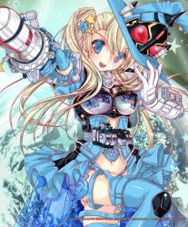 Rule 34 | 1girl, blonde hair, blue eyes, breasts, frills, gloves, hair ornament, hairclip, hat, holding sword, kamen rider, kamen rider fourze, kamen rider fourze (series), large breasts, navel, personification, shisaki tayu, side ponytail, solo, thighhighs, weapon, wizard hat