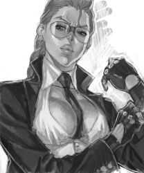 Rule 34 | 1girl, ahoge, between breasts, braid, breasts, cleavage, cleavage cutout, clothing cutout, collarbone, crimson viper, dated, earrings, female focus, fingerless gloves, glasses, gloves, greyscale, hair down, hands up, jacket, jewelry, lips, long hair, mana30row, midriff, mature female, monochrome, muscular, necktie, necktie between breasts, open clothes, open jacket, pompadour, solo, street fighter, street fighter iv (series), sunglasses, upper body, white background