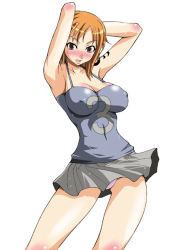 Rule 34 | 1girl, armpits, blush, breasts, cleavage, covered erect nipples, impossible clothes, impossible shirt, large breasts, miniskirt, nami (one piece), one piece, orange hair, panties, pantyshot, shirt, skirt, solo, tattoo, underwear, upskirt, white background, white panties