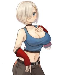Rule 34 | 1girl, absurdres, albina, belt, belt buckle, blue eyes, blue tank top, breasts, buckle, choker, cleavage, closed mouth, commentary, commission, cosplay, eyes visible through hair, fingerless gloves, gloves, hair ornament, hair over one eye, hairclip, hamakaze (kancolle), hand on own chest, highres, kantai collection, large breasts, looking at viewer, midriff, navel, pants, pixiv commission, red gloves, short hair, simple background, solo, sookmo, tank top, the king of fighters, white background, white hair